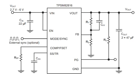 应用电路图 - Texas Instruments TPSM82816 DC/DC电源模块